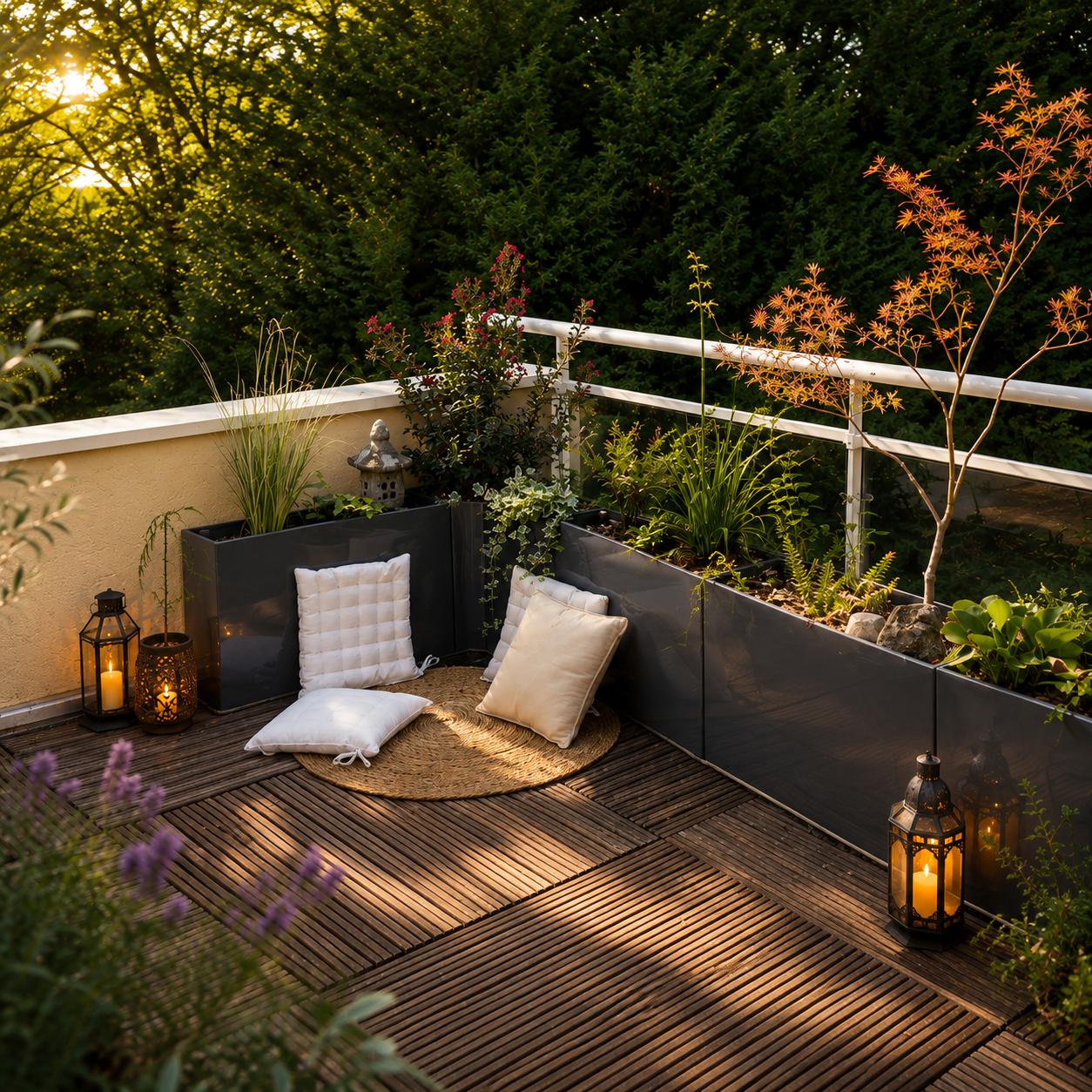 Balcon KANSO végétalisé au coucher du soleil